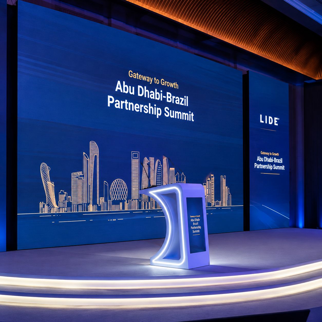 Abu Dhabi-Brazil Partnership Summit stage with lit podium – ADIO event coverage by Stache DXB Media