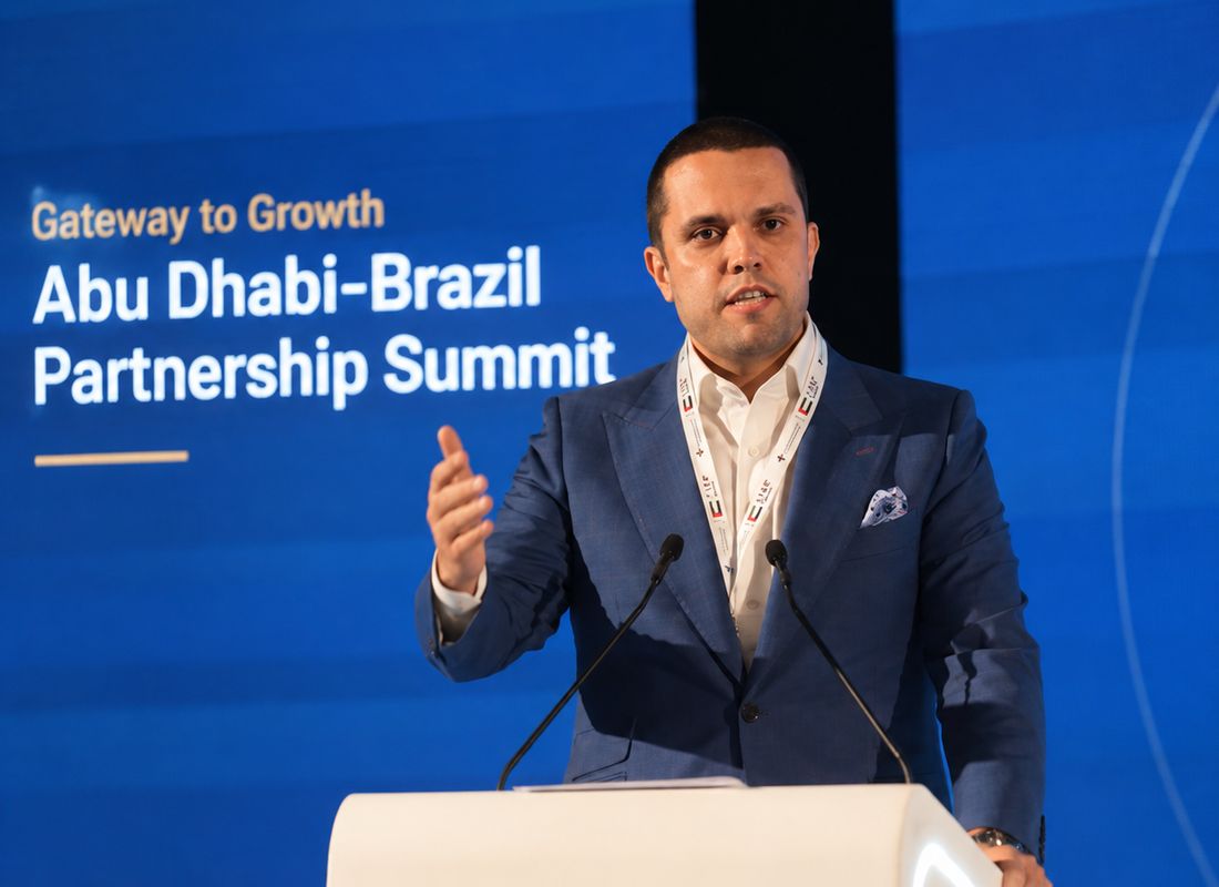 Speaker addressing the Abu Dhabi-Brazil Partnership Summit – professional event coverage