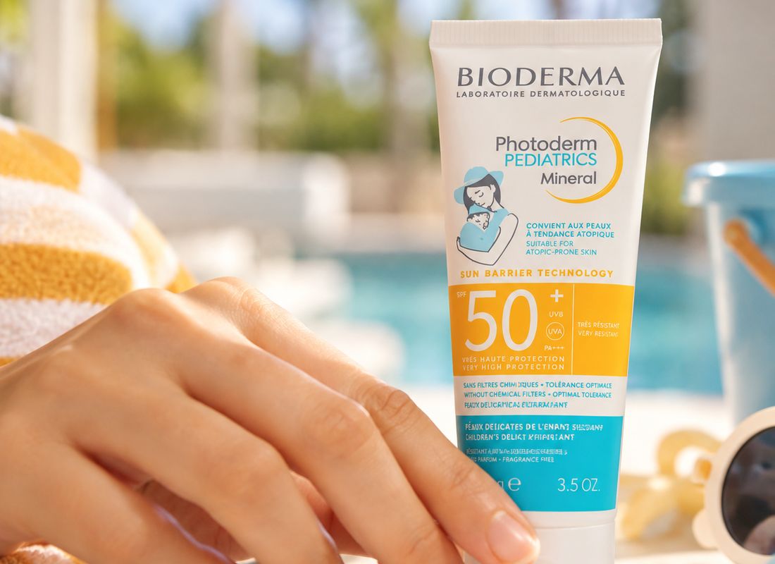 Bioderma Photoderm Pediatrics Mineral SPF 50 sunscreen by the pool – skincare brand marketing Dubai