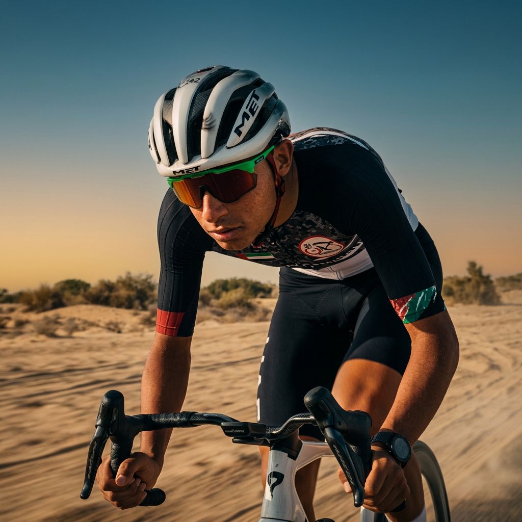 UAE cyclist training on a desert road at sunset – sports video production UAE by Stache DXB Media