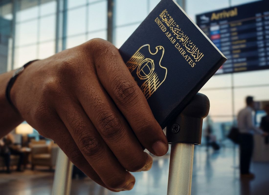 UAE passport held at an airport arrivals hall – athletes travelling to training camps