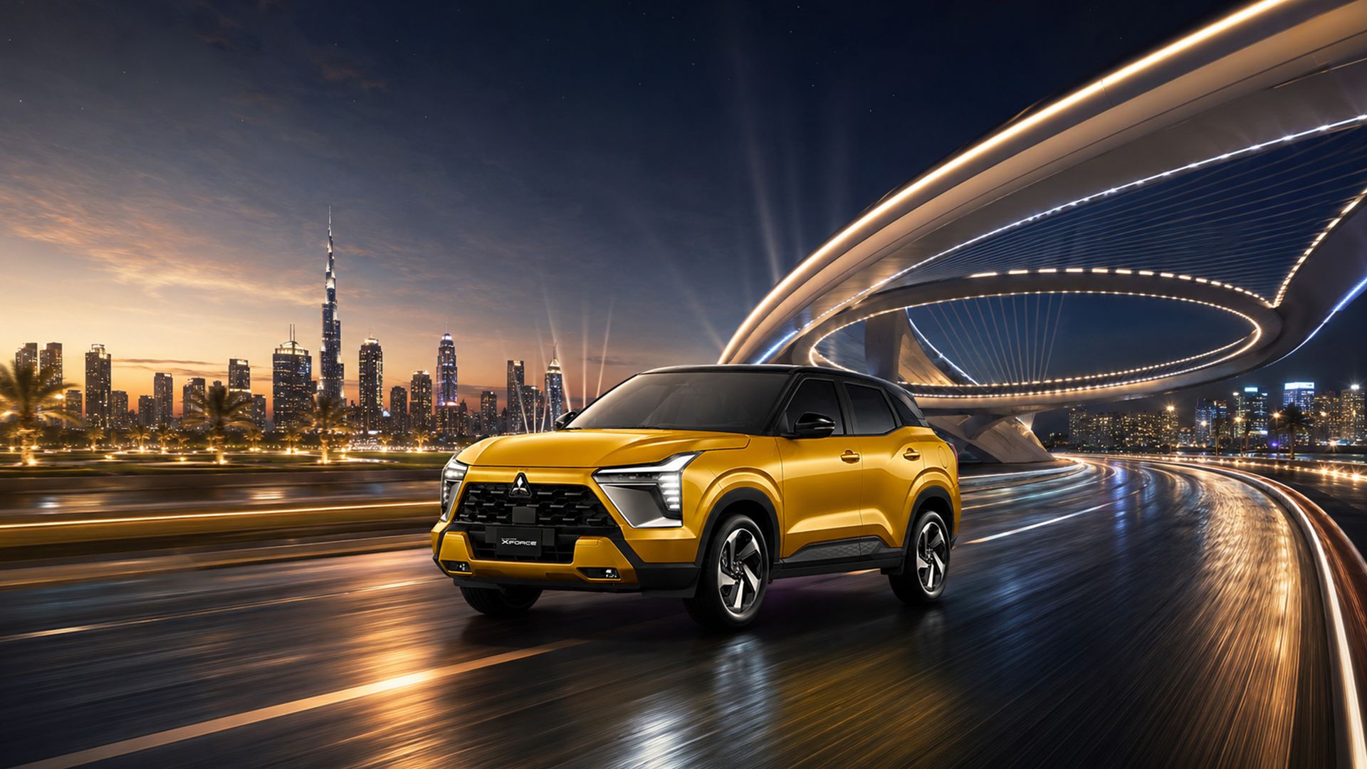 Mitsubishi XFORCE on a Dubai highway at night with the city skyline – automotive video production Dubai by Stache DXB Media