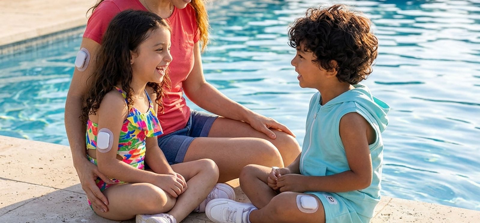 Mother and children sitting poolside wearing Omnipod pods – healthcare social media management UAE