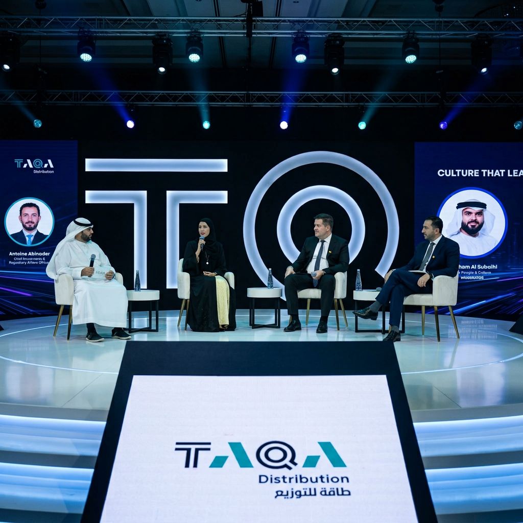 Panel discussion on the TAQA Distribution stage under blue stage lights – energy sector event marketing UAE by Stache DXB Media